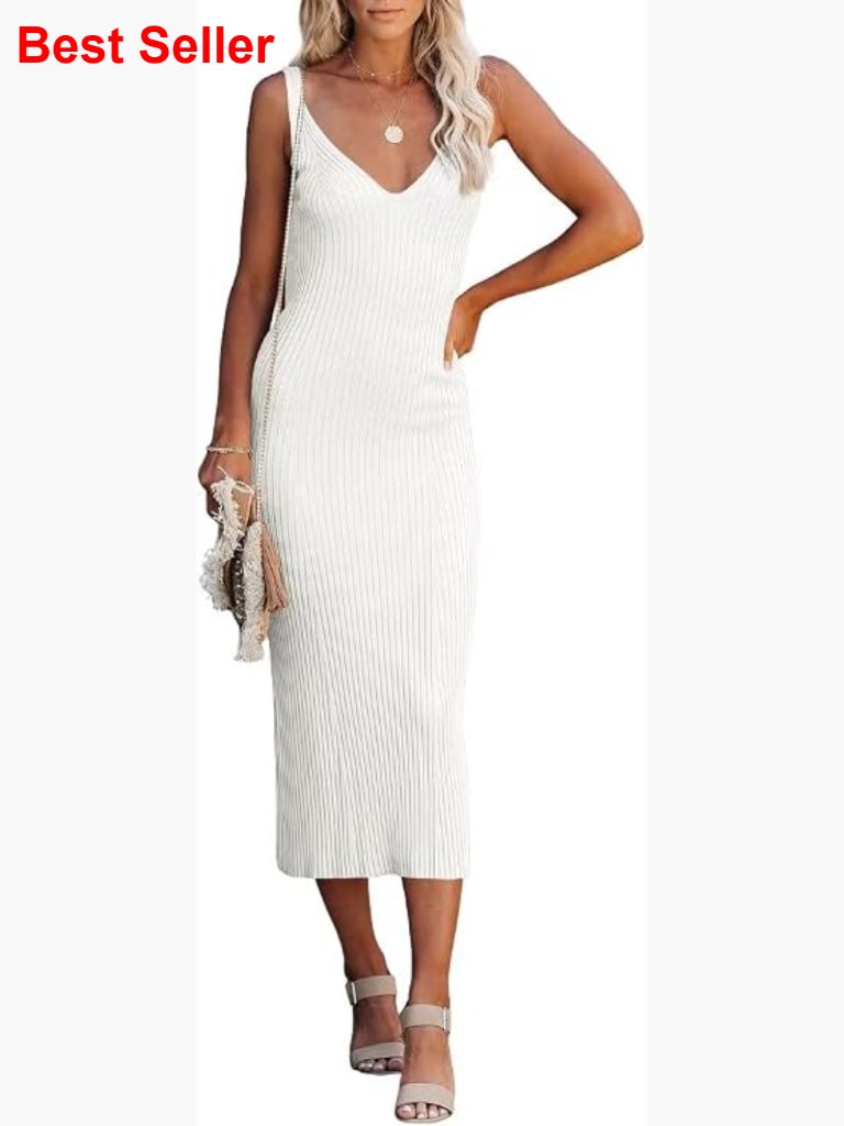 Sexy V-Neck Sleeveless Bodycon Midi Sweater Dress Spaghetti Strap